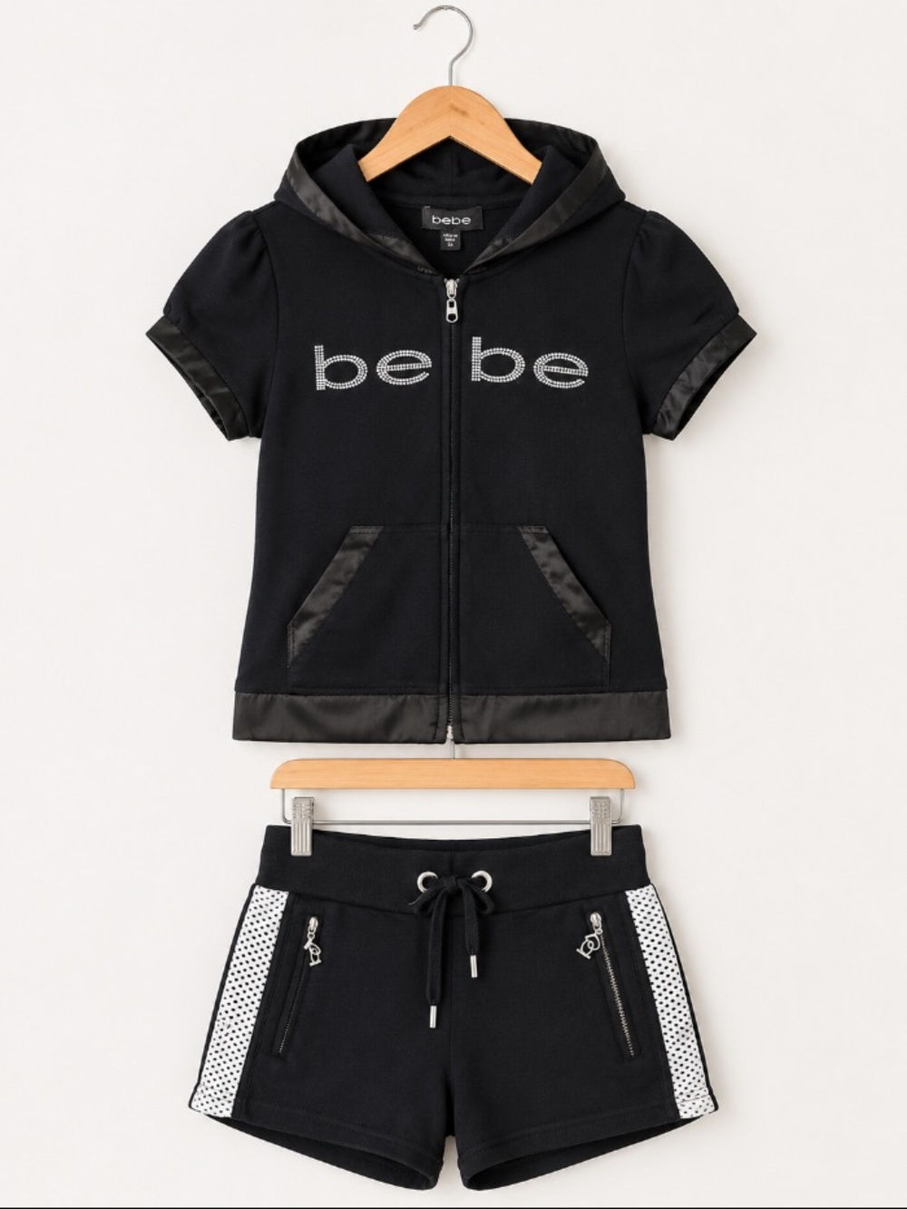 bebe Black Short-Sleeve Zip Hoodie & Short Set with Rhinestone Logo